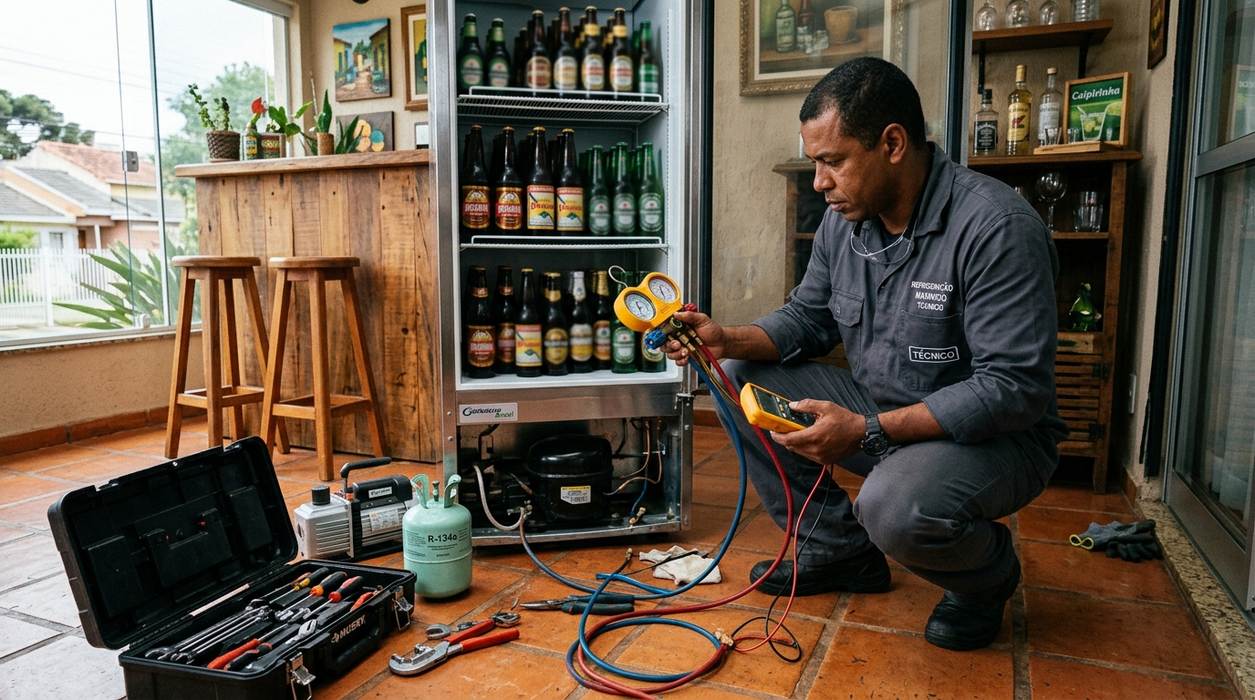 Profissional executando reparo no motor de cervejeira em Americana‑SP