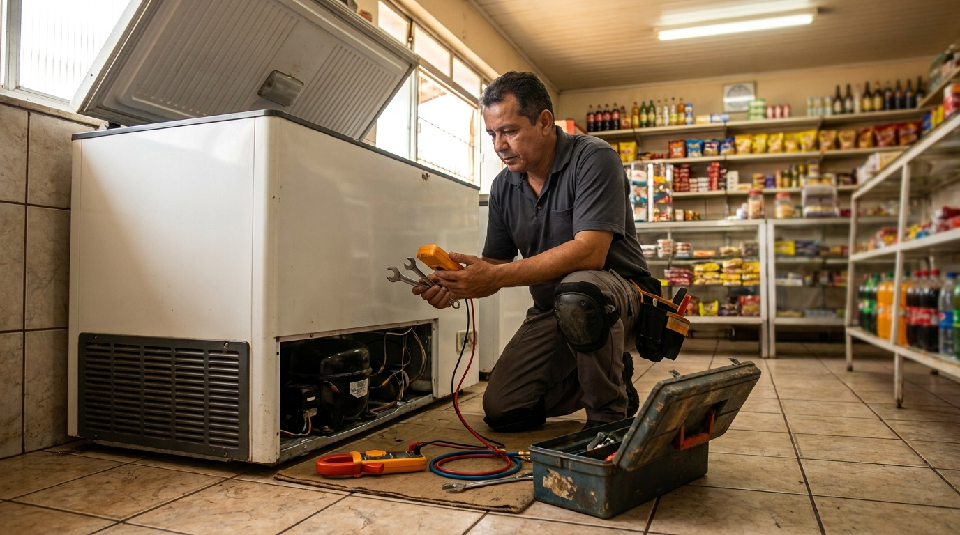 Profissional executando manutenção no motor de freezer em Americana‑SP