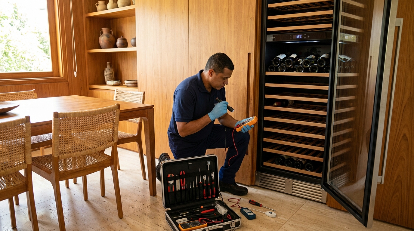Substituição de termostato em adega climatizada em visita técnica em Americana‑SP