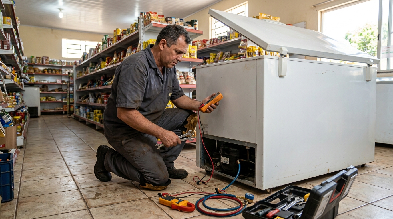 Substituição de termostato de freezer em visita técnica em Americana‑SP